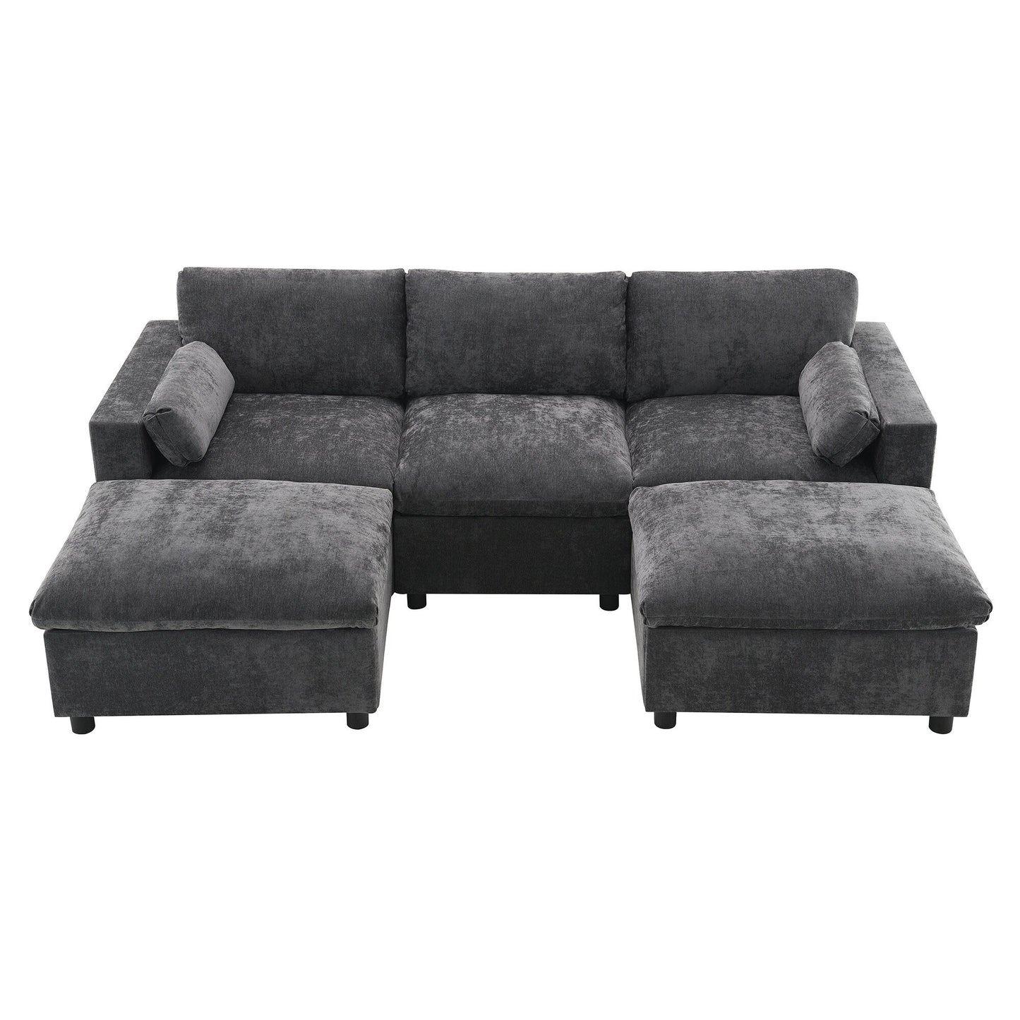 86.5-Inch U-Shaped Chenille Sectional Sofa with Storage Pockets, 2 Movable Ottomans and Throw Pillows for Living Room
