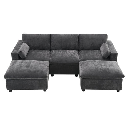 86.5-Inch U-Shaped Chenille Sectional Sofa with Storage Pockets, 2 Movable Ottomans and Throw Pillows for Living Room
