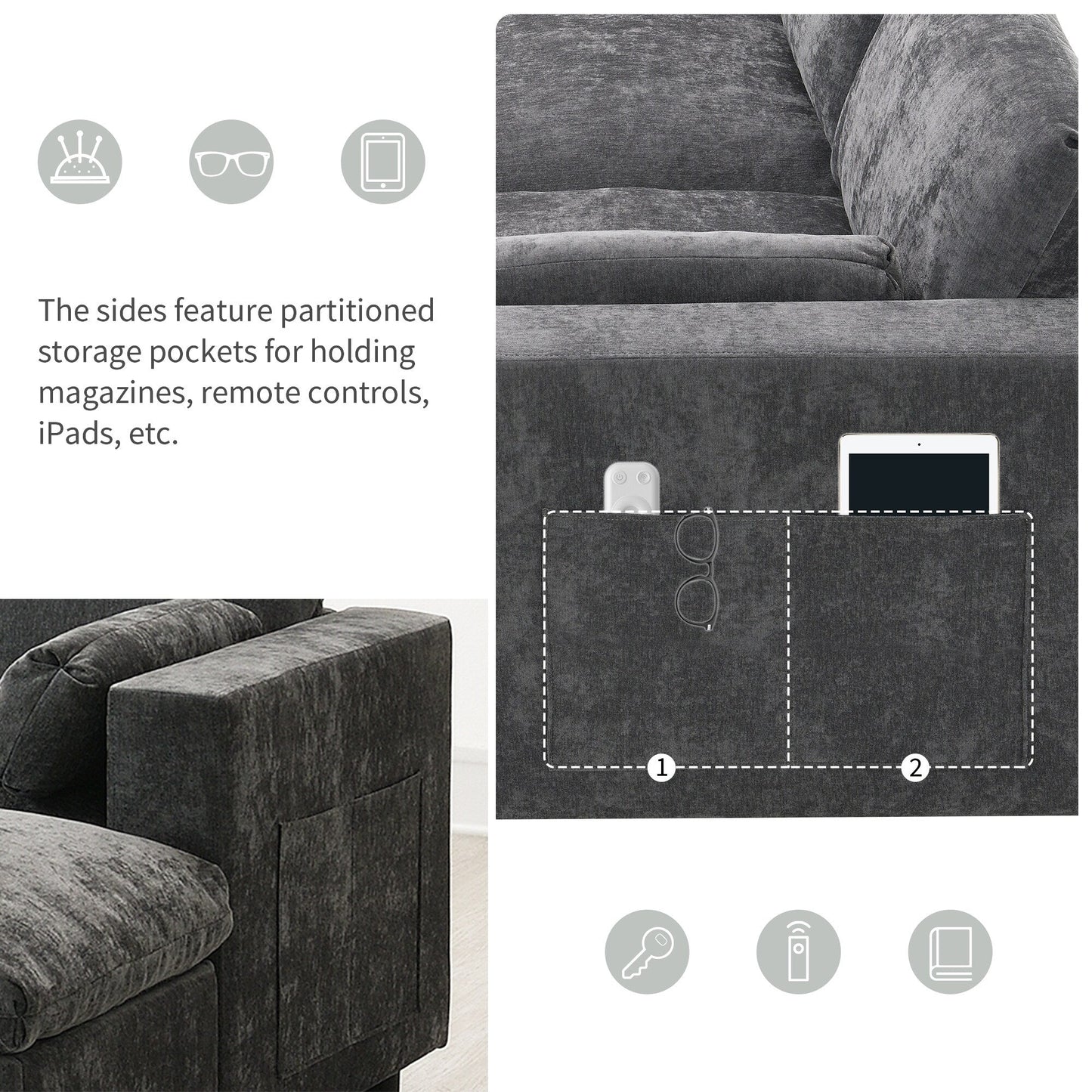 86.5-Inch U-Shaped Chenille Sectional Sofa with Storage Pockets, 2 Movable Ottomans and Throw Pillows for Living Room
