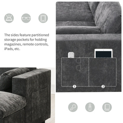 86.5-Inch U-Shaped Chenille Sectional Sofa with Storage Pockets, 2 Movable Ottomans and Throw Pillows for Living Room
