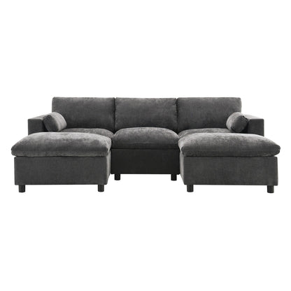 86.5-Inch U-Shaped Chenille Sectional Sofa with Storage Pockets, 2 Movable Ottomans and Throw Pillows for Living Room