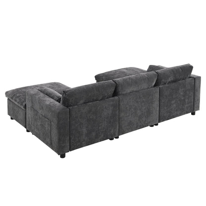 86.5-Inch U-Shaped Chenille Sectional Sofa with Storage Pockets, 2 Movable Ottomans and Throw Pillows for Living Room