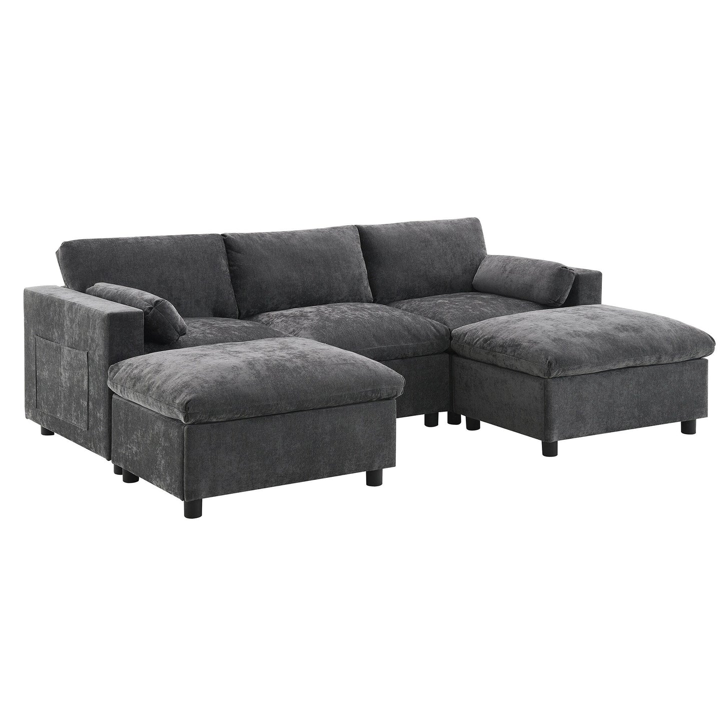 86.5-Inch U-Shaped Chenille Sectional Sofa with Storage Pockets, 2 Movable Ottomans and Throw Pillows for Living Room