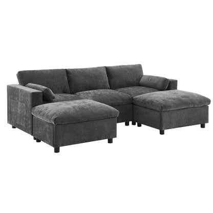 86.5-Inch U-Shaped Chenille Sectional Sofa with Storage Pockets, 2 Movable Ottomans and Throw Pillows for Living Room