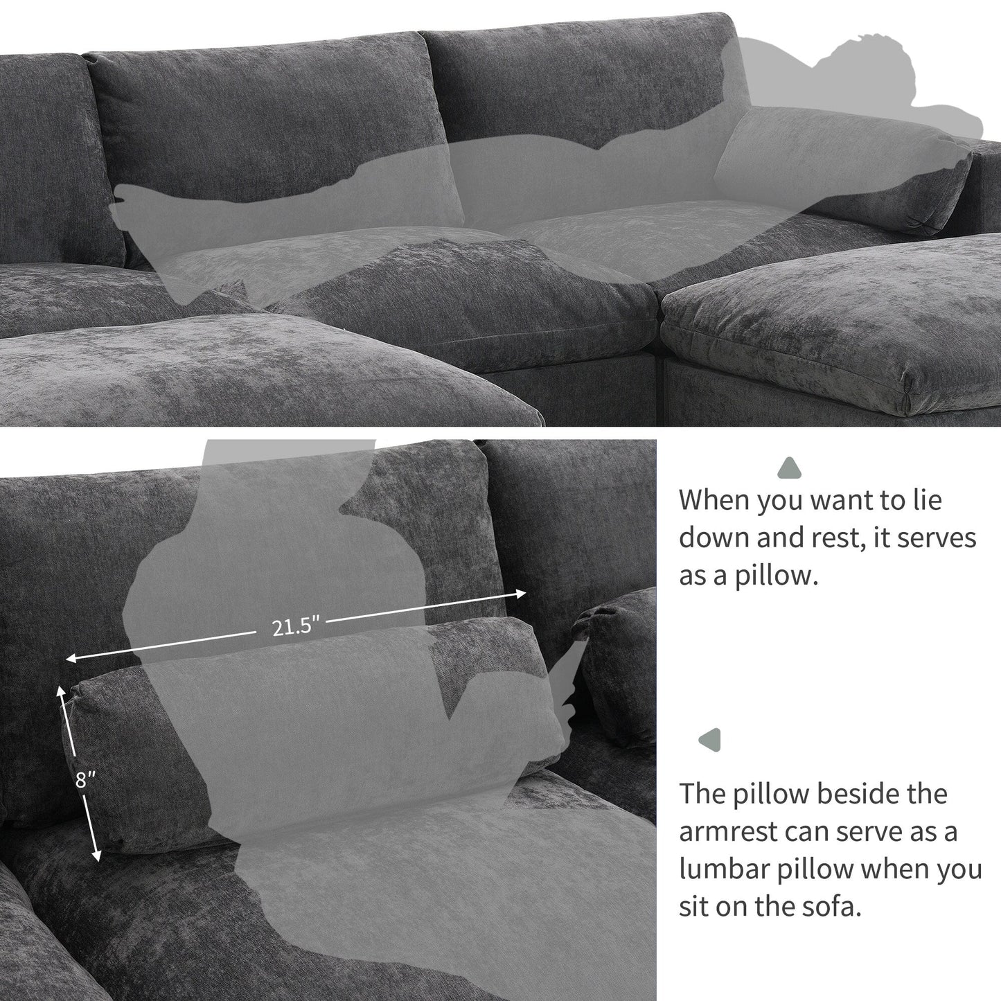 86.5-Inch U-Shaped Chenille Sectional Sofa with Storage Pockets, 2 Movable Ottomans and Throw Pillows for Living Room