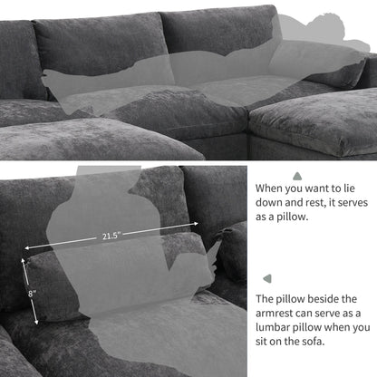 86.5-Inch U-Shaped Chenille Sectional Sofa with Storage Pockets, 2 Movable Ottomans and Throw Pillows for Living Room