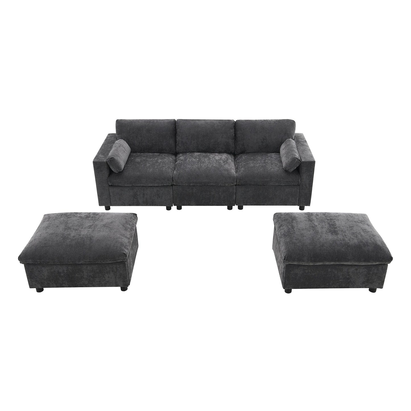 86.5-Inch U-Shaped Chenille Sectional Sofa with Storage Pockets, 2 Movable Ottomans and Throw Pillows for Living Room