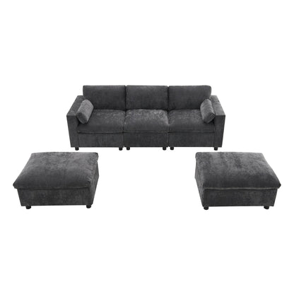 86.5-Inch U-Shaped Chenille Sectional Sofa with Storage Pockets, 2 Movable Ottomans and Throw Pillows for Living Room