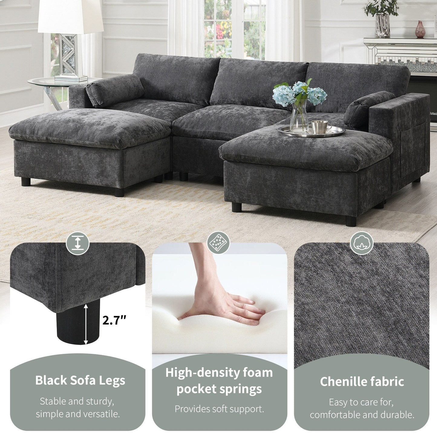 86.5-Inch U-Shaped Chenille Sectional Sofa with Storage Pockets, 2 Movable Ottomans and Throw Pillows for Living Room