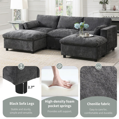 86.5-Inch U-Shaped Chenille Sectional Sofa with Storage Pockets, 2 Movable Ottomans and Throw Pillows for Living Room