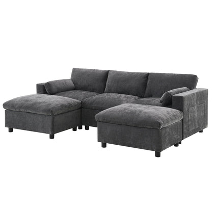 86.5-Inch U-Shaped Chenille Sectional Sofa with Storage Pockets, 2 Movable Ottomans and Throw Pillows for Living Room