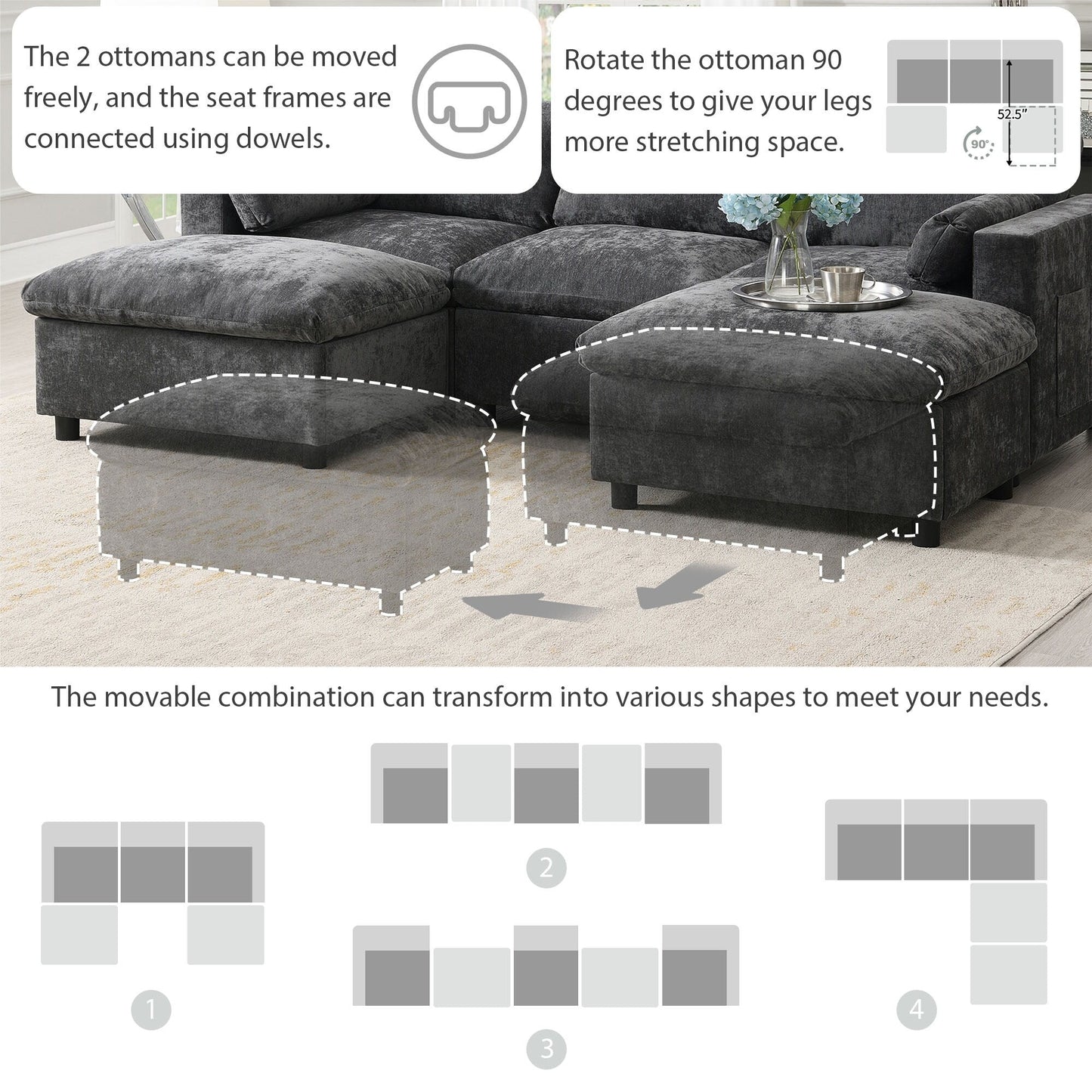 86.5-Inch U-Shaped Chenille Sectional Sofa with Storage Pockets, 2 Movable Ottomans and Throw Pillows for Living Room