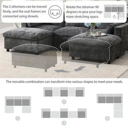 86.5-Inch U-Shaped Chenille Sectional Sofa with Storage Pockets, 2 Movable Ottomans and Throw Pillows for Living Room