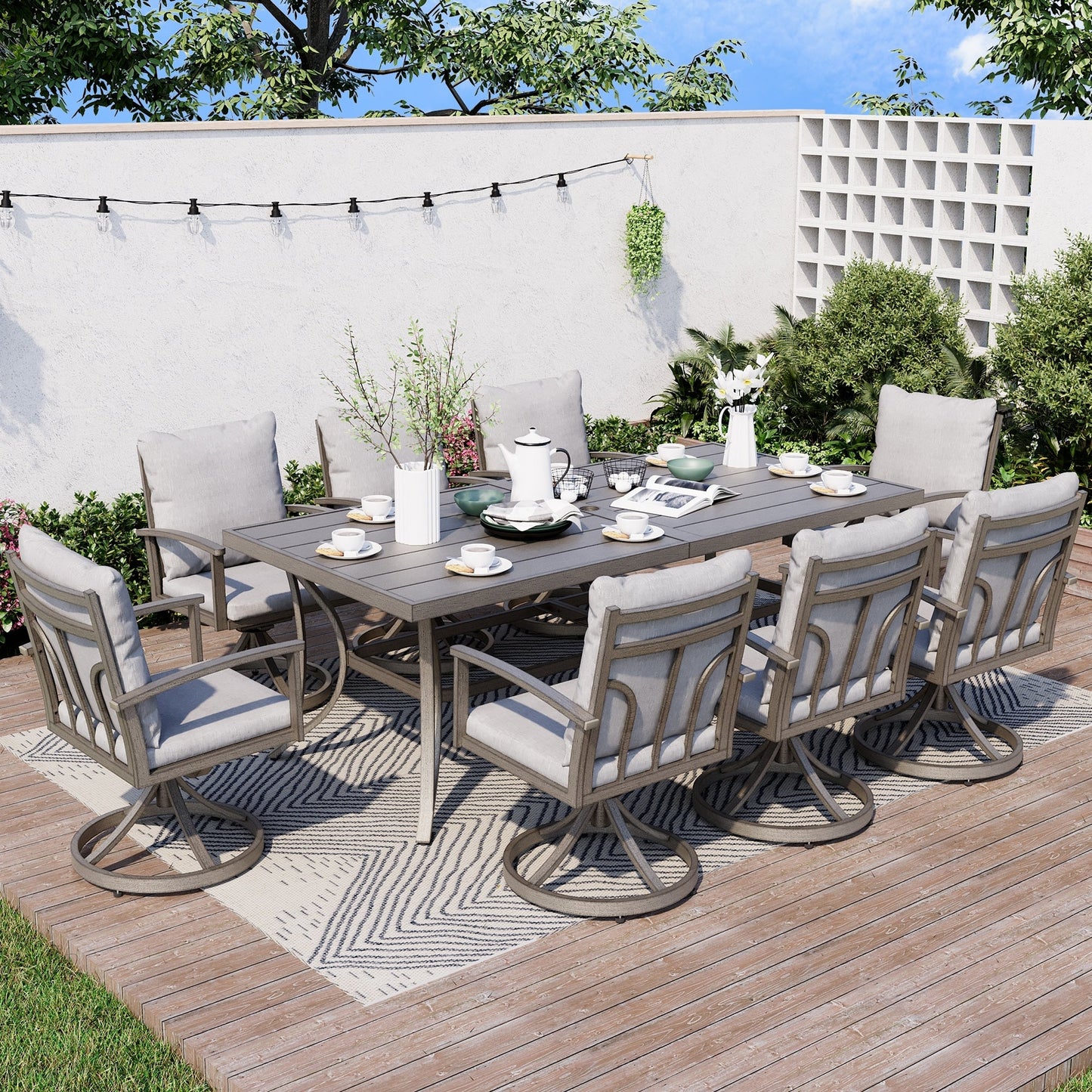 9-Piece Aluminum Patio Dining Set with 8 Swivel Dining Chairs and Washable Cushions