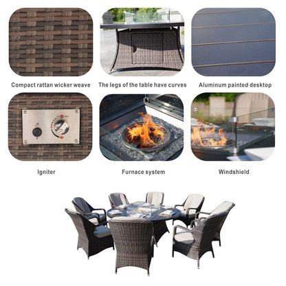 9-Piece Ellington Outdoor Wicker Round Firepit Dining Set - N/A