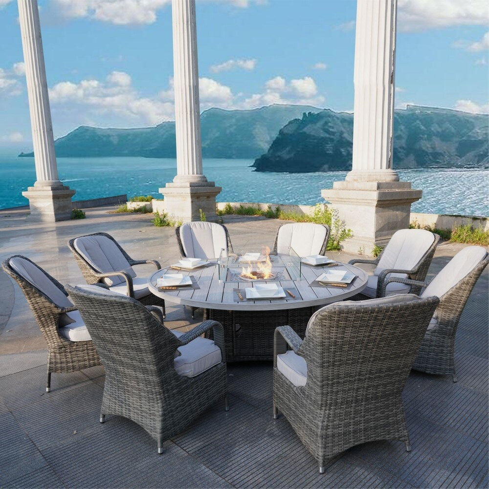 9-Piece Ellington Outdoor Wicker Round Firepit Dining Set - N/A