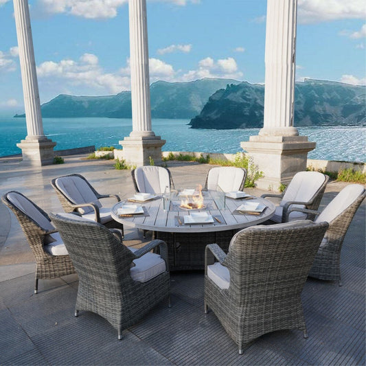 9-Piece Ellington Outdoor Wicker Round Firepit Dining Set - N/A