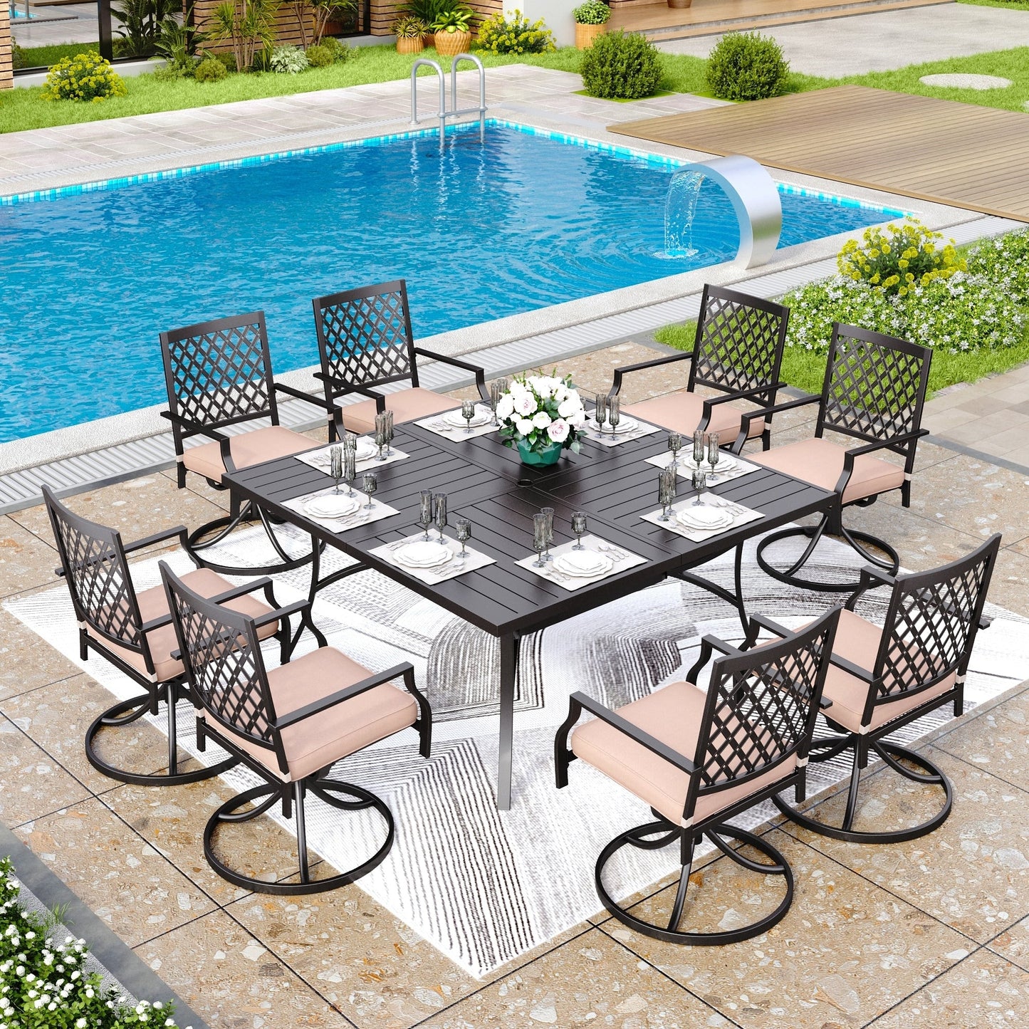 MAISON ARTS 9-Piece Patio Dining Set, 60 Inch Square Metal Table and 8 Swivel Dining Chairs