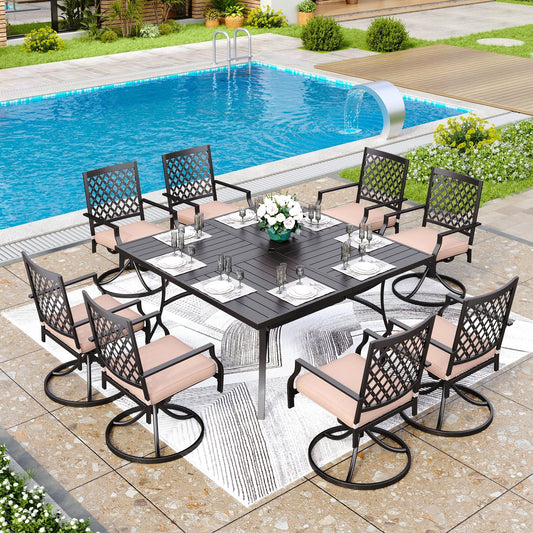 MAISON ARTS 9-Piece Patio Dining Set, 60 Inch Square Metal Table and 8 Swivel Dining Chairs