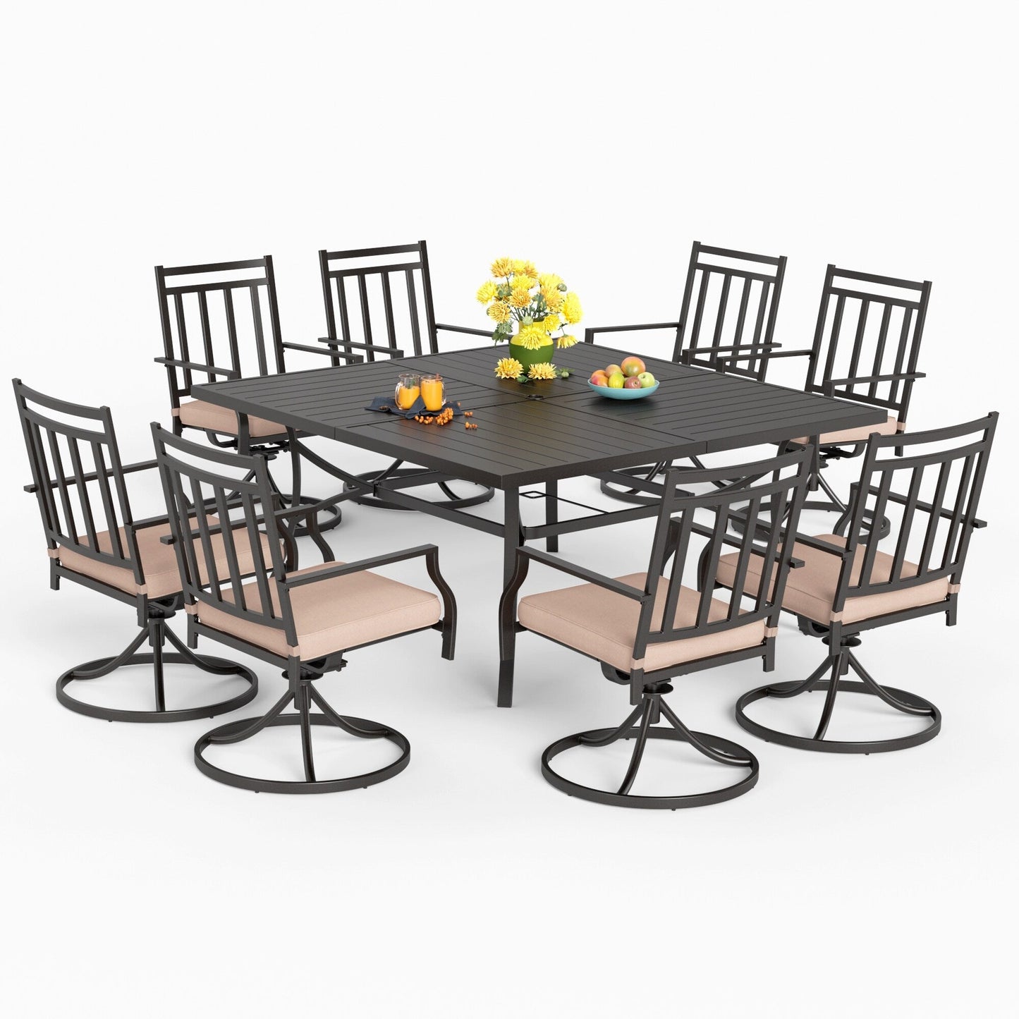 MAISON ARTS 9-Piece Patio Dining Set, 60 Inch Square Metal Table and 8 Swivel Dining Chairs