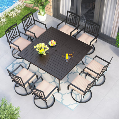 MAISON ARTS 9-Piece Patio Dining Set, 60 Inch Square Metal Table and 8 Swivel Dining Chairs