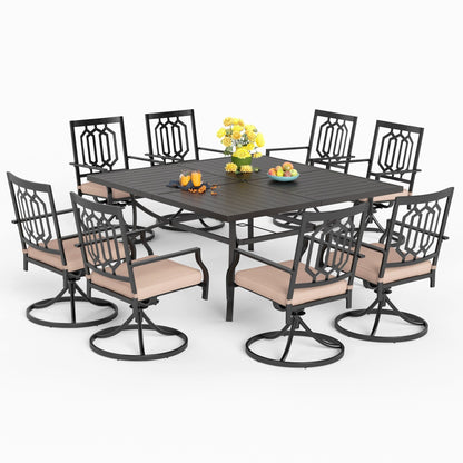 MAISON ARTS 9-Piece Patio Dining Set, 60 Inch Square Metal Table and 8 Swivel Dining Chairs