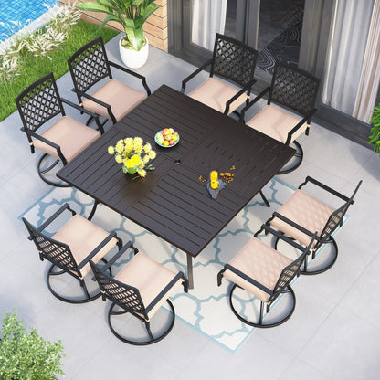 MAISON ARTS 9-Piece Patio Dining Set, 60 Inch Square Metal Table and 8 Swivel Dining Chairs