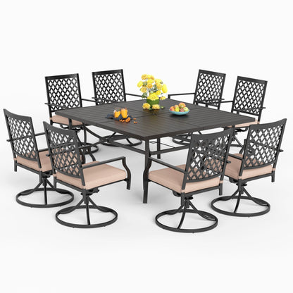 MAISON ARTS 9-Piece Patio Dining Set, 60 Inch Square Metal Table and 8 Swivel Dining Chairs