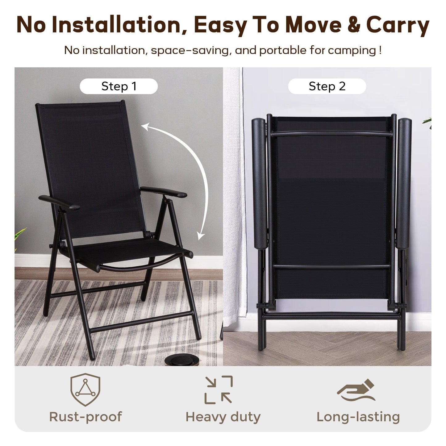 9-Piece Patio Dining Set, Metal Table and Foldable Sling Dining Chairs with 7 Levels Adjustable