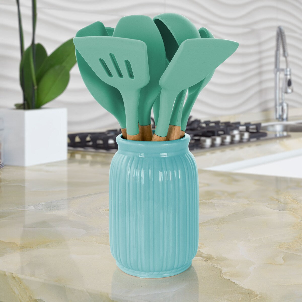 9 Piece Silicone and Wood Cooking Utensils in Turquoise
