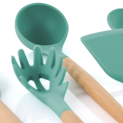 9 Piece Silicone and Wood Cooking Utensils in Turquoise