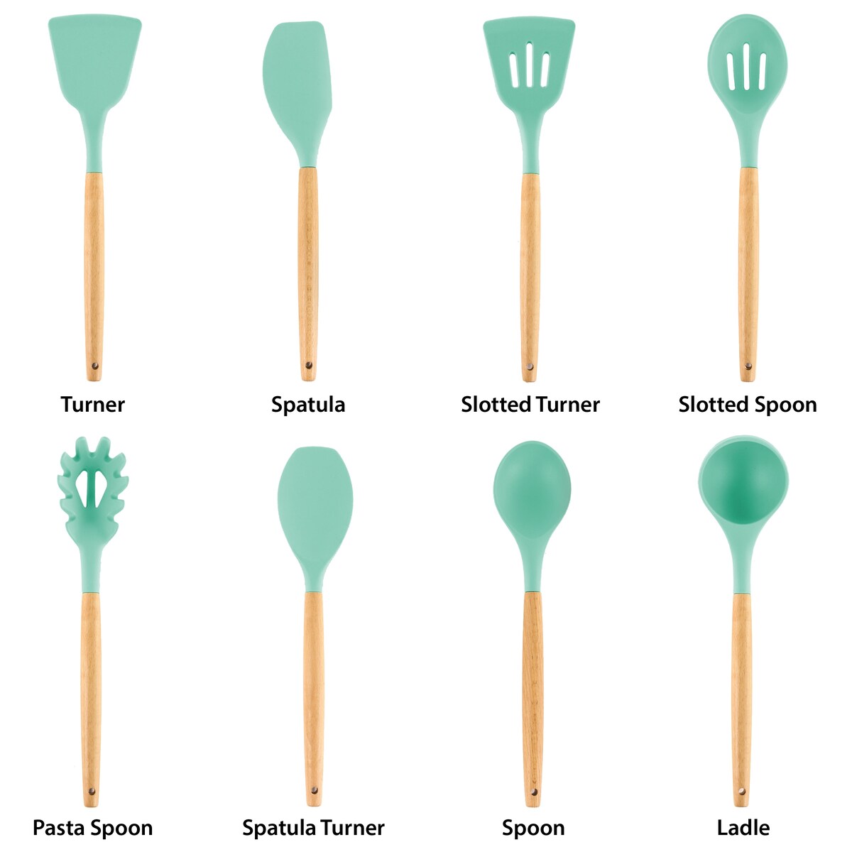 9 Piece Silicone and Wood Cooking Utensils in Turquoise