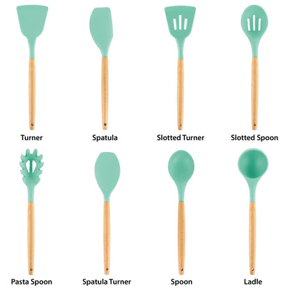 9 Piece Silicone and Wood Cooking Utensils in Turquoise