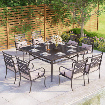 MAISON ARTS 9 Pieces Outdoor Dining Table Set for 8,60 Square Metal Dining Table & Steel Dining Chairs with Cushion