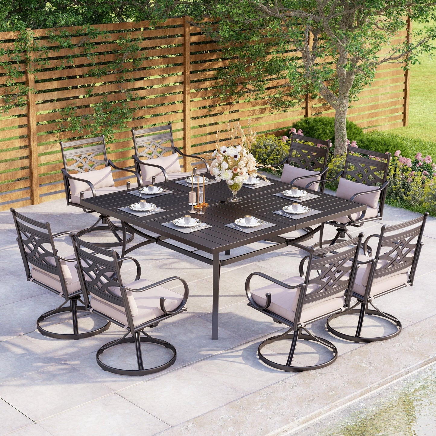 MAISON ARTS 9 Pieces Outdoor Dining Table Set for 8,60 Square Metal Dining Table & Steel Dining Chairs with Cushion