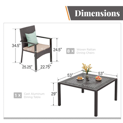 9 Pieces Patio Dining Set Outdoor Rattan Wicker Dining Furniture Set with Umbrella Hole