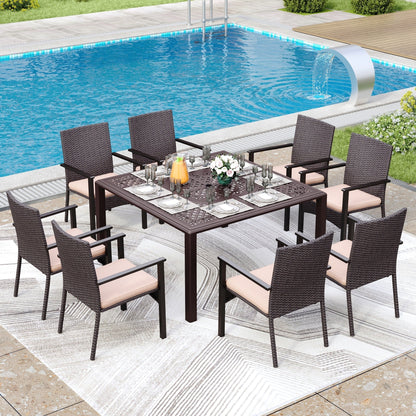 9 Pieces Patio Dining Set Outdoor Rattan Wicker Dining Furniture Set with Umbrella Hole