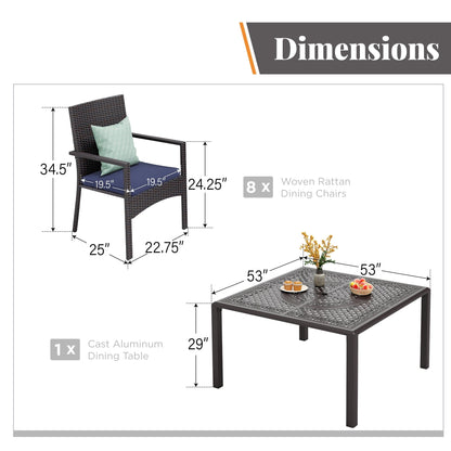 9 Pieces Patio Dining Set Outdoor Rattan Wicker Dining Furniture Set with Umbrella Hole