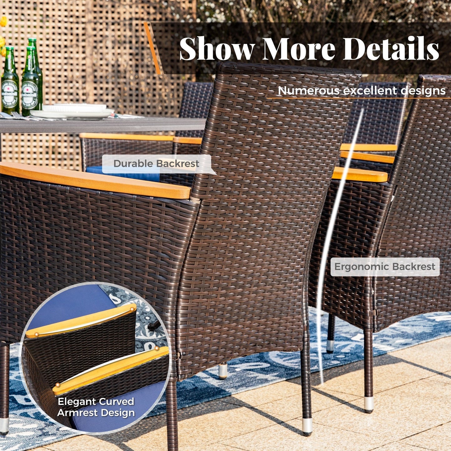 9 Pieces Patio Dining Set Outdoor Rattan Wicker Dining Furniture Set with Umbrella Hole