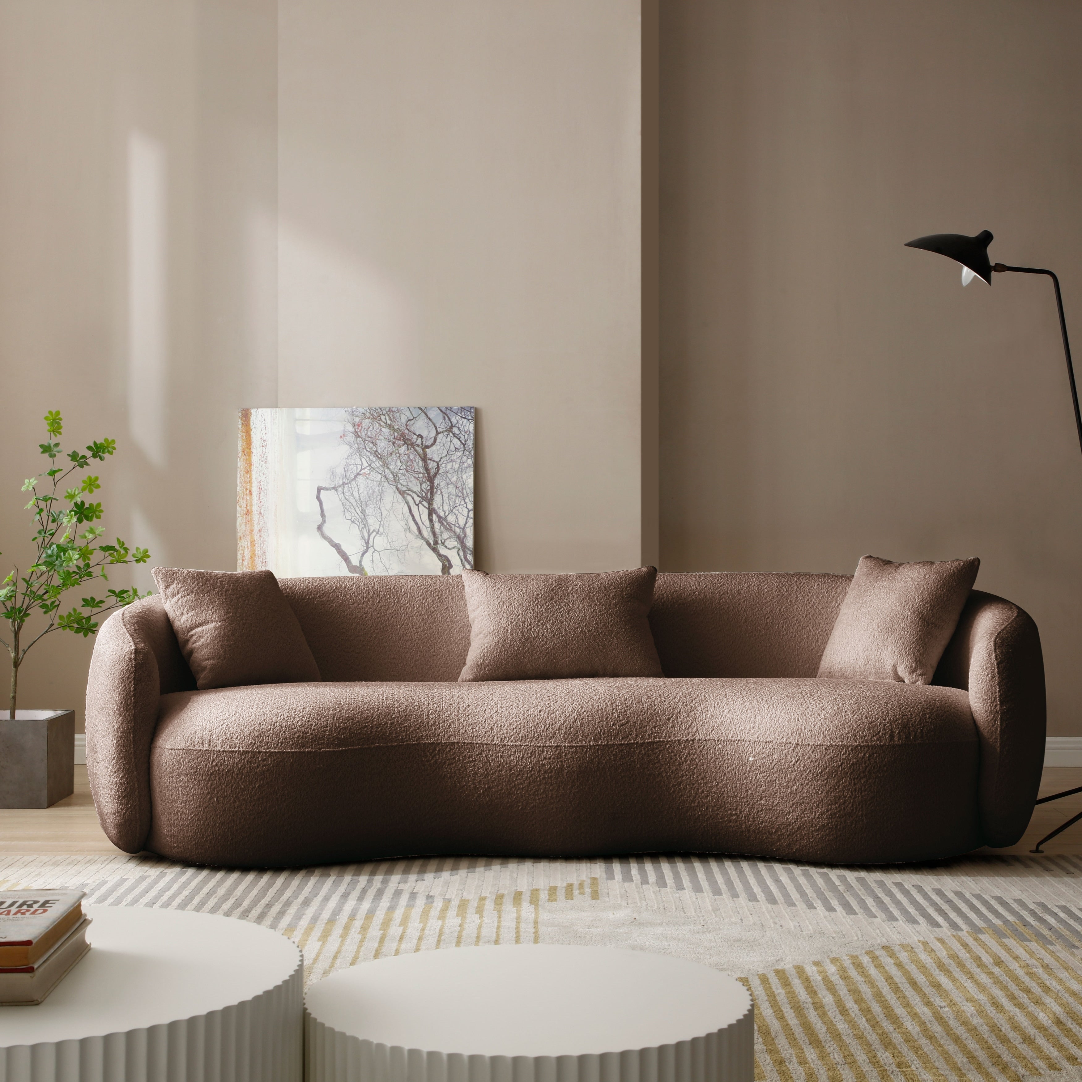 Minimalist Curved Sofa with Pillows - Soft Corduroy or Cozy Polar Fleece Upholstery