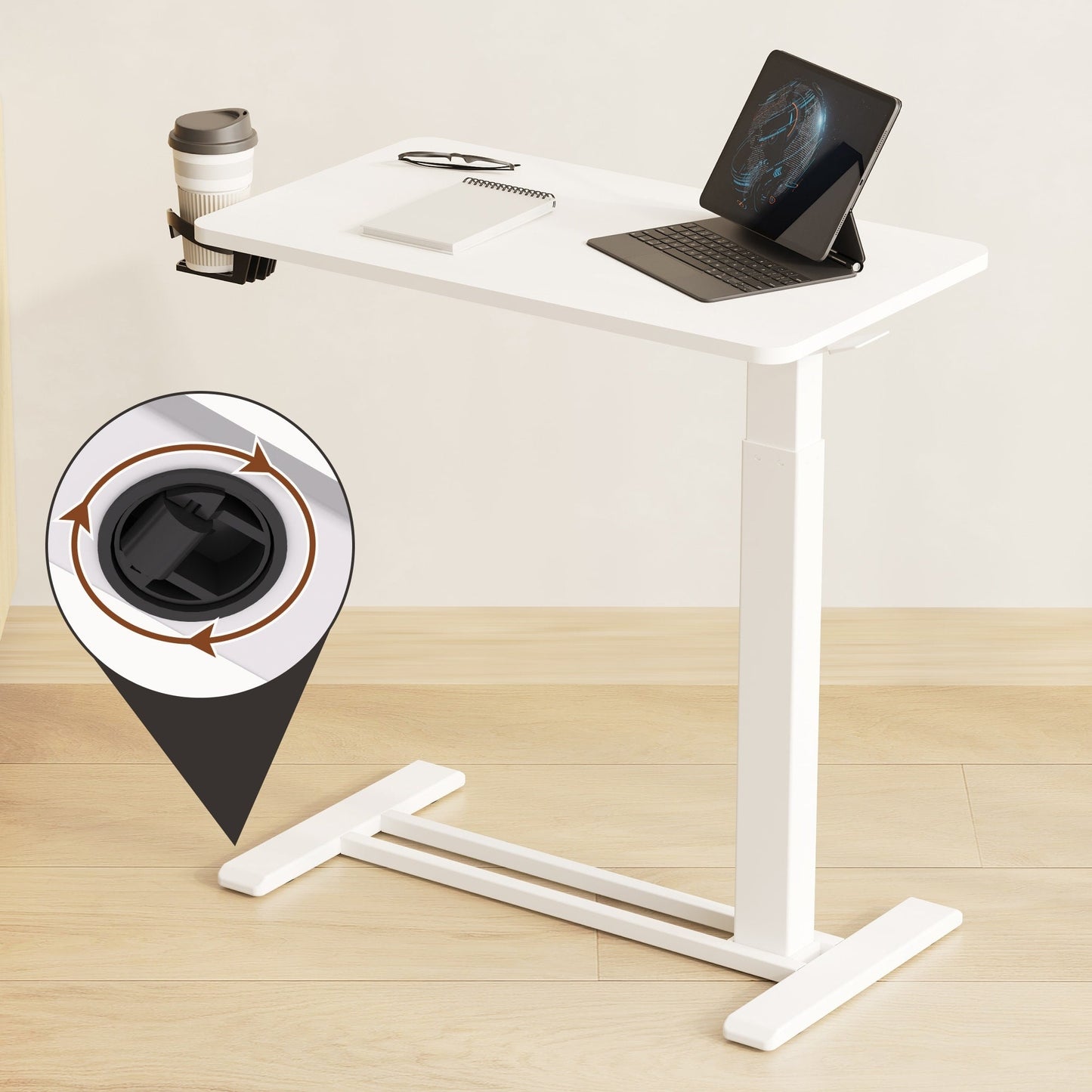 FunniHomi 28/32 Movable Overbed Table Height Adjustable Computer Desk with Wheels, White/Black Laptop Table for Bed and Sofa