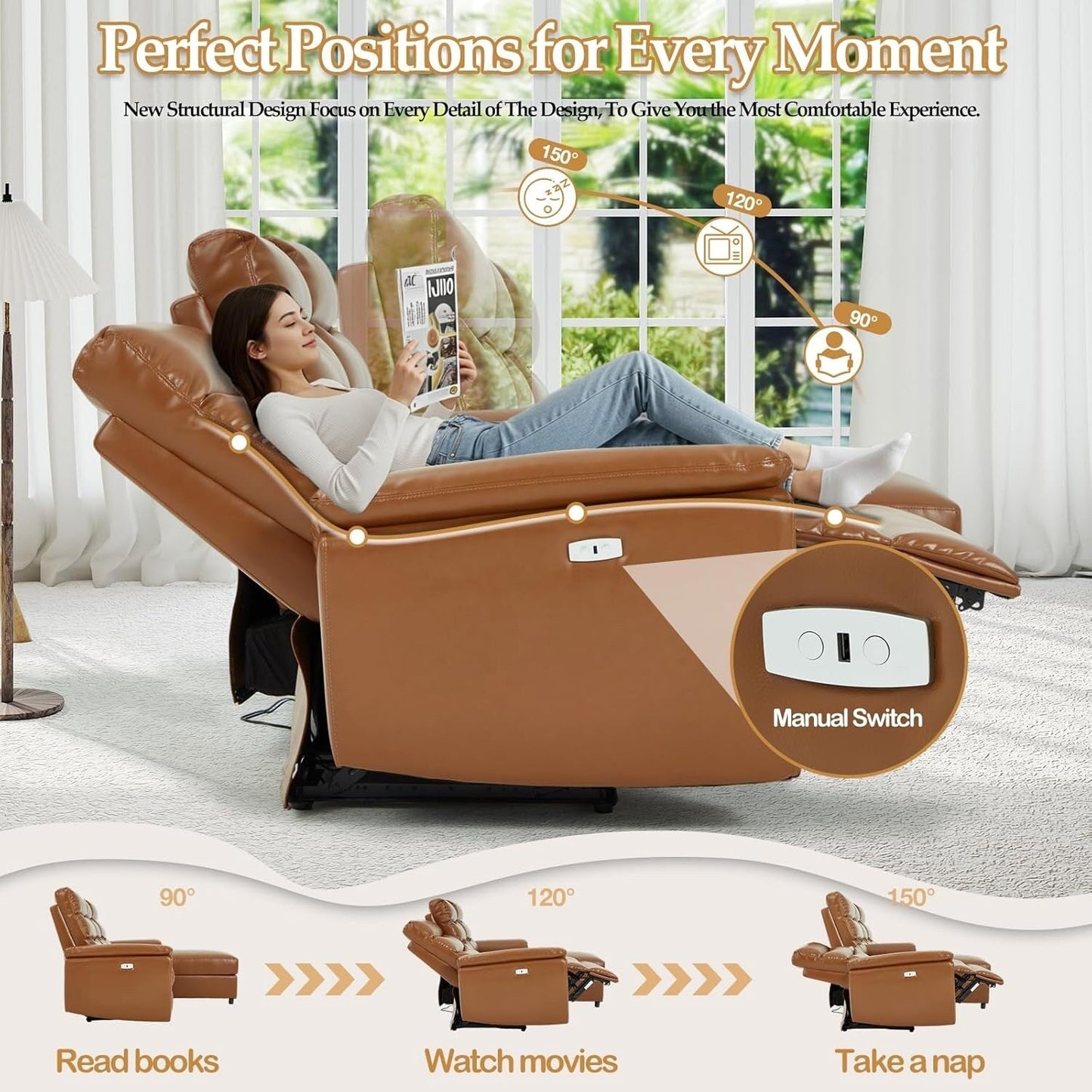 AECOJOY Power Reclining Sectional Sofa, PU Leather Sleep Sofa Bed with Storage Chaise, Adjustable Backrest & Footrest