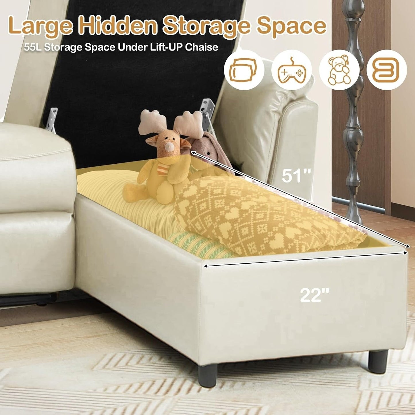AECOJOY Power Reclining Sectional Sofa, PU Leather Sleep Sofa Bed with Storage Chaise, Adjustable Backrest & Footrest