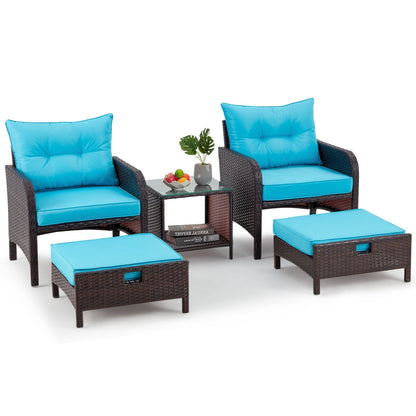 AVAWING 5-Piece Outdoor Blue Wicker Rattan Conversation Set with Ottoman Table