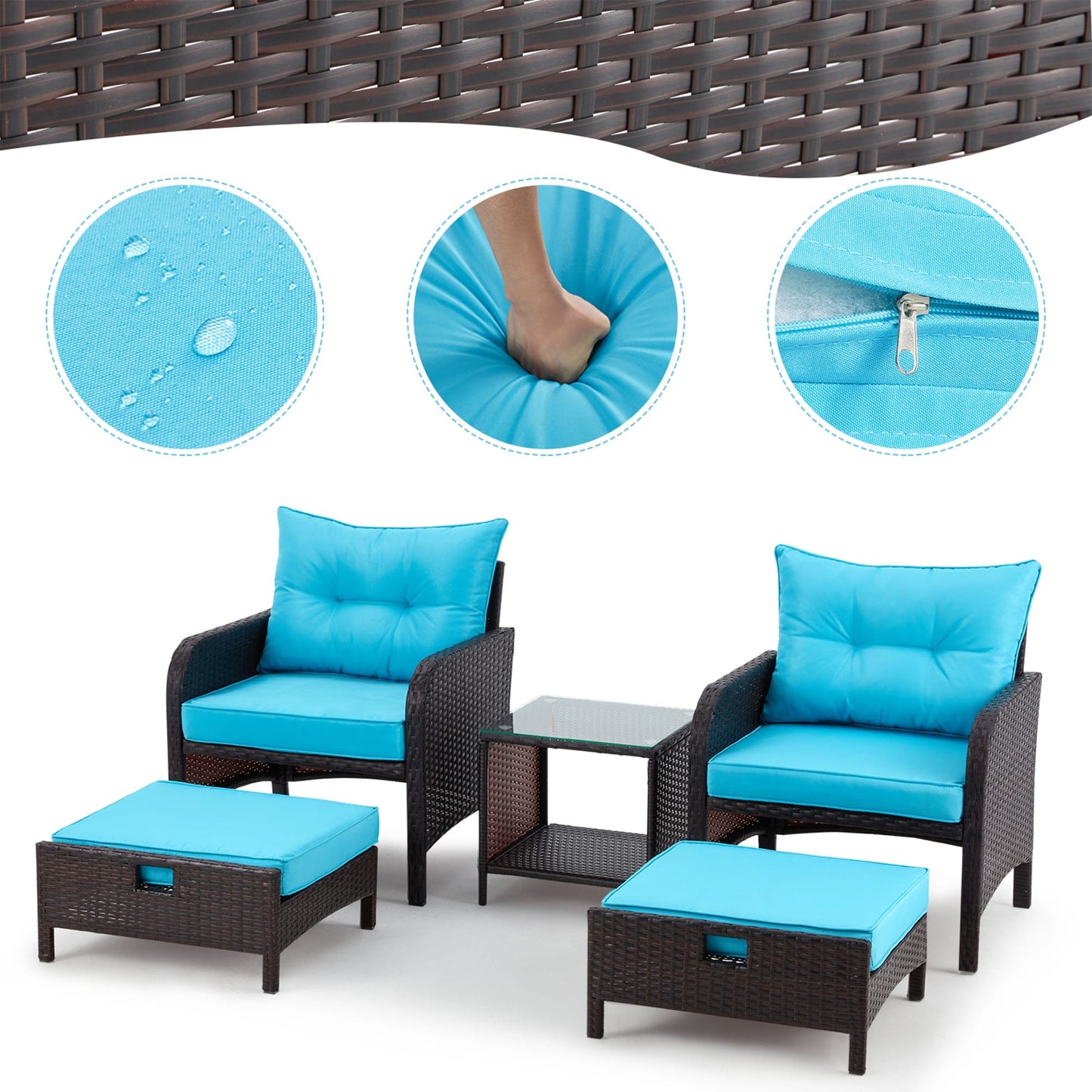 AVAWING 5-Piece Outdoor Blue Wicker Rattan Conversation Set with Ottoman Table