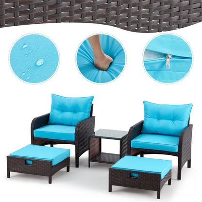 AVAWING 5-Piece Outdoor Blue Wicker Rattan Conversation Set with Ottoman Table
