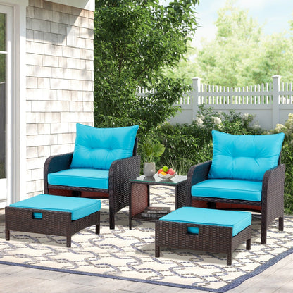 AVAWING 5-Piece Outdoor Blue Wicker Rattan Conversation Set with Ottoman Table