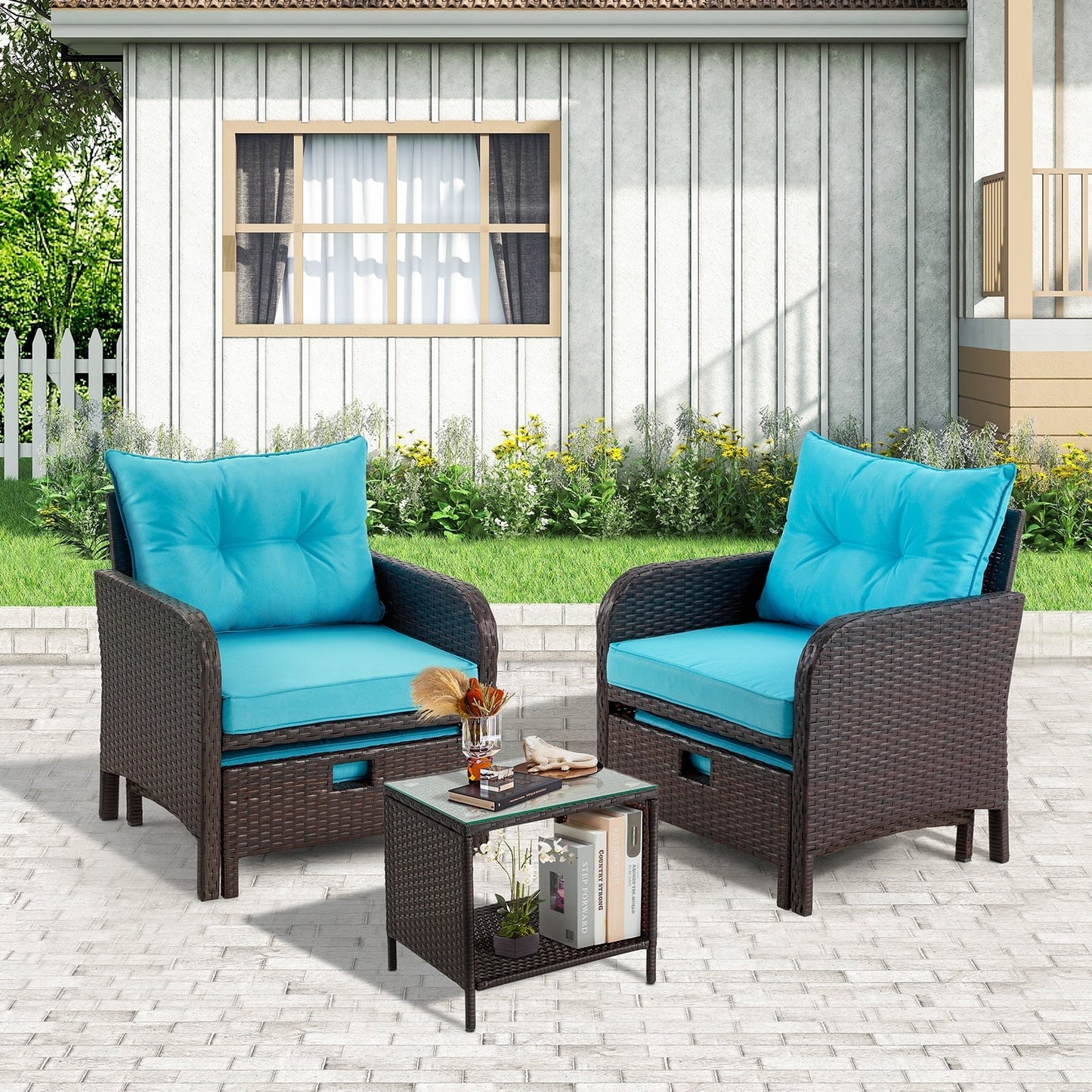 AVAWING 5-Piece Outdoor Blue Wicker Rattan Conversation Set with Ottoman Table