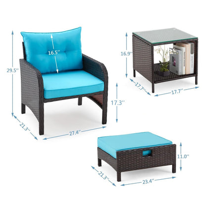 AVAWING 5-Piece Outdoor Blue Wicker Rattan Conversation Set with Ottoman Table