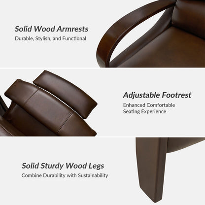 Alex Mid-century Modern Cigar Genuine Leather Manual Recliner with Wooden Curved Arms, Set of 2